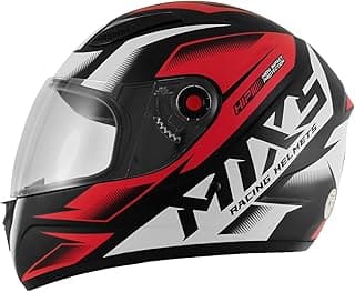 Capacete esportivo vermelho, preto e branco com viseira transparente, design agressivo, letras brancas 'MIX' e 'RACING HELMETS', ajuste na parte de trás, tamanho 58.