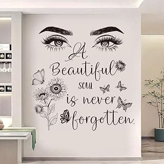 Adesivo de parede com citação inspiradora 'A Beautiful soul is never forgotten' em preto e branco.