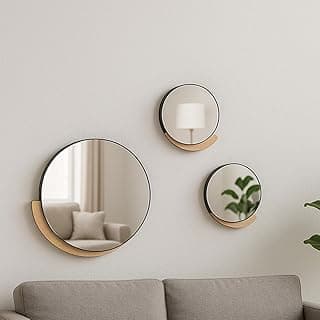 Kit de 3 espelhos decorativos de parede redondos modernos em MDF com fita dupla face