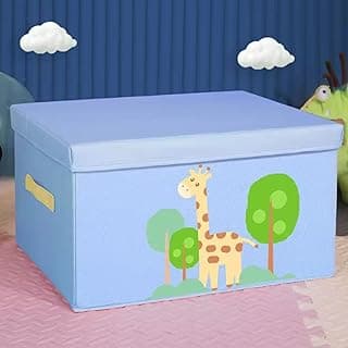 Caixa organizadora infantil azul com estampa de girafa e árvores, dobrável, multicolorida.