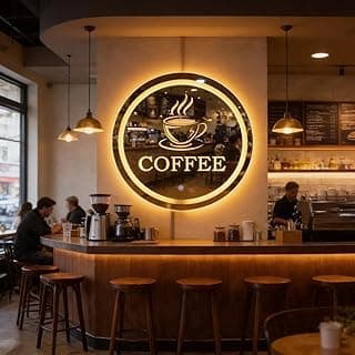 Espelho redondo decorativo LED 60cm com iluminação quente e fria para café, texto 'COFFEE', decoração moderna.