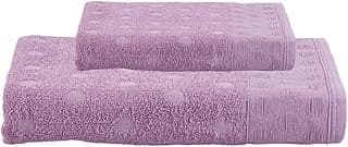 Três toalhas de banho e rosto lilás claro Allegra, tamanhos banho 1,40m x 70cm e rosto 70cm x 50cm, em fundo branco.