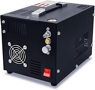 Compressor de ar preto com ventilação lateral e alavanca vermelha