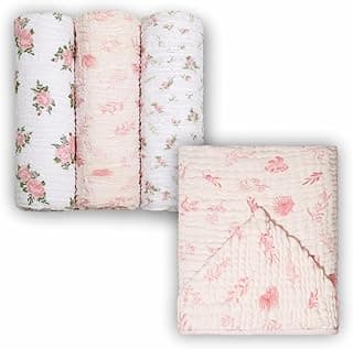 Kit Soft Bamboo Mami Papi Têxtil com Toalha de Banho com Capuz Folhagem Rosa e 3 Cueiros Swaddle, Viscose de Bambu e Algodão