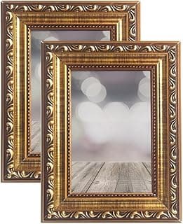 Kit 2 Porta-Retratos 10x15 Dourado em Relevo com Vidro – Moldura de Madeira Decorativa para Parede ou Mesa, Design Clássico Elegante