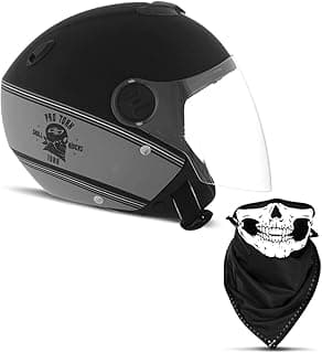 Capacete aberto Pro Tork New Atomic Skull Riders HD, preto fosco e prata, tamanho 56, com viseira e bandana com esqueleto