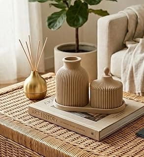 Kit Decorativo Fluted Canelado Vaso Recipiente com Tampa e Bandeja Bege PLA