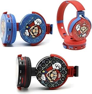 Fones de ouvido infantil Mario, cores preto, vermelho e azul, com adesivos de Mario, microfone e botões de controle.