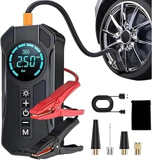 Compressor de ar portátil multifuncional 4 em 1 com display digital e powerbank, preto e vermelho, conectado a um carro.