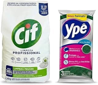 Kit 01 Detergente em Pó Cif Limza Pesada 2,4 Kg + Esponja Multiuso 3 unidades