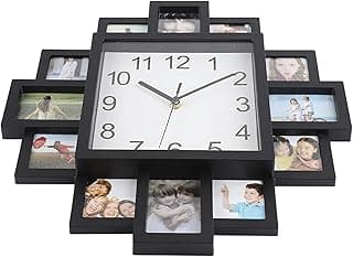 Relógio de parede com molduras para fotos, preto, elegante e moderno
