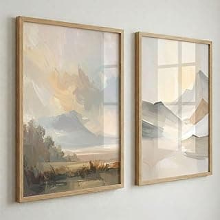 Kit 2 Quadros Decorativos Paisagem Abstrata Estilo Boho com Moldura em Madeira Pinus Natural e Vidro Real