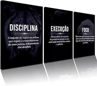 Quadros decorativos com leão, falcão e águia sobre palavras motivacionais disciplina, execução, foco