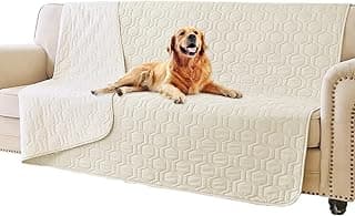 Sofá bege com capa de cama de cachorro impermeável e antiderrapante, cão golden retriever deitado