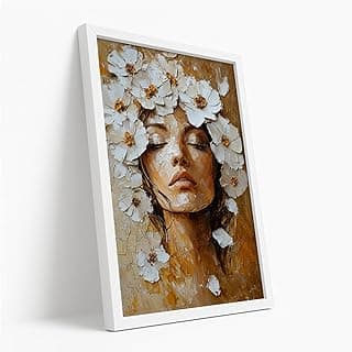 Quadro decorativo mulher com flores brancas moldura elegante pintura moderna
