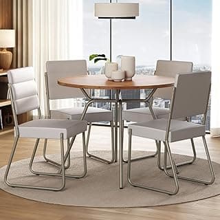 Conjunto de sala de jantar com quatro cadeiras cinza e mesa redonda de madeira