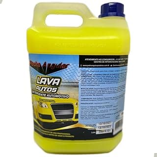 Shampoo automotivo concentrado com cera de carnaúba, 5 litros, marca Lava Autos, frasco amarelo com rótulo azul e preto.