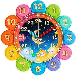 Relógio Infantil Silencioso de Parede com Mecanismo Analógico, Feito de Madeira MDF com Design Lúdico E Preciso para Ensinar As Horas E Decorar, Colorida, Tamanho real