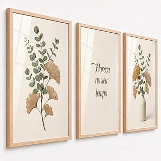 Kit de 3 quadros decorativos botânicos com folhagens e frases inspiradoras, fundo branco, bordas marrom.