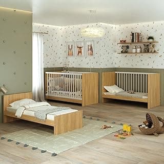 Quarto infantil com berço 3 em 1 Multimóveis MP0527G para colchão 60 x 130 cm, madeirado/branco