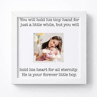 Porta-retrato branco com foto de mãe e bebê e texto motivacional