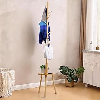 Mancebo Cabideiro de Bambu de Chão 184cm com 8 Ganchos e Prateleira para Armazenamento, Roupas/Bolsa (Natural)