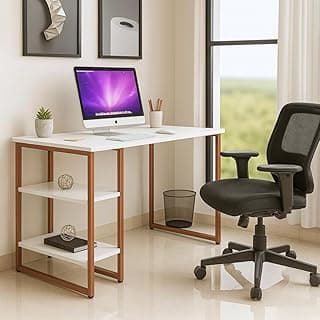 Mesa Escrivaninha Estilo Industrial com Prateleiras 100x50cm Escritório Moderno 100% MDF Premium Branco e Aço Cobre Rose