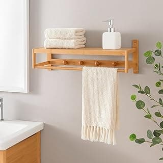 HEIMON Prateleira com 4 Cabides e Porta Toalhas de Bambu 80cm largura para Entrada, Corredor, Banheiro, Multifuncional (Natural)