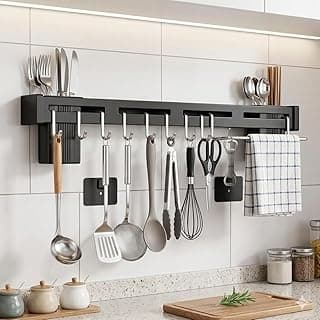 Suporte organizador de parede com 8 ganchos em aço inoxidável para utensílios de cozinha