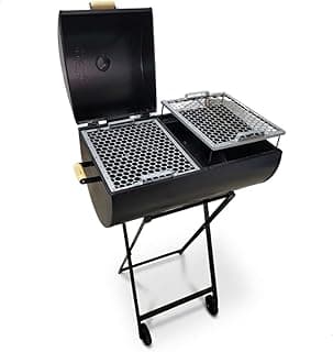Churrasqueira Meia Bafo Grande em Metal com Carrinho e Rodinhas Estilo Tambor Mista Portátil Completa para Quintal e Churrasco em Casa