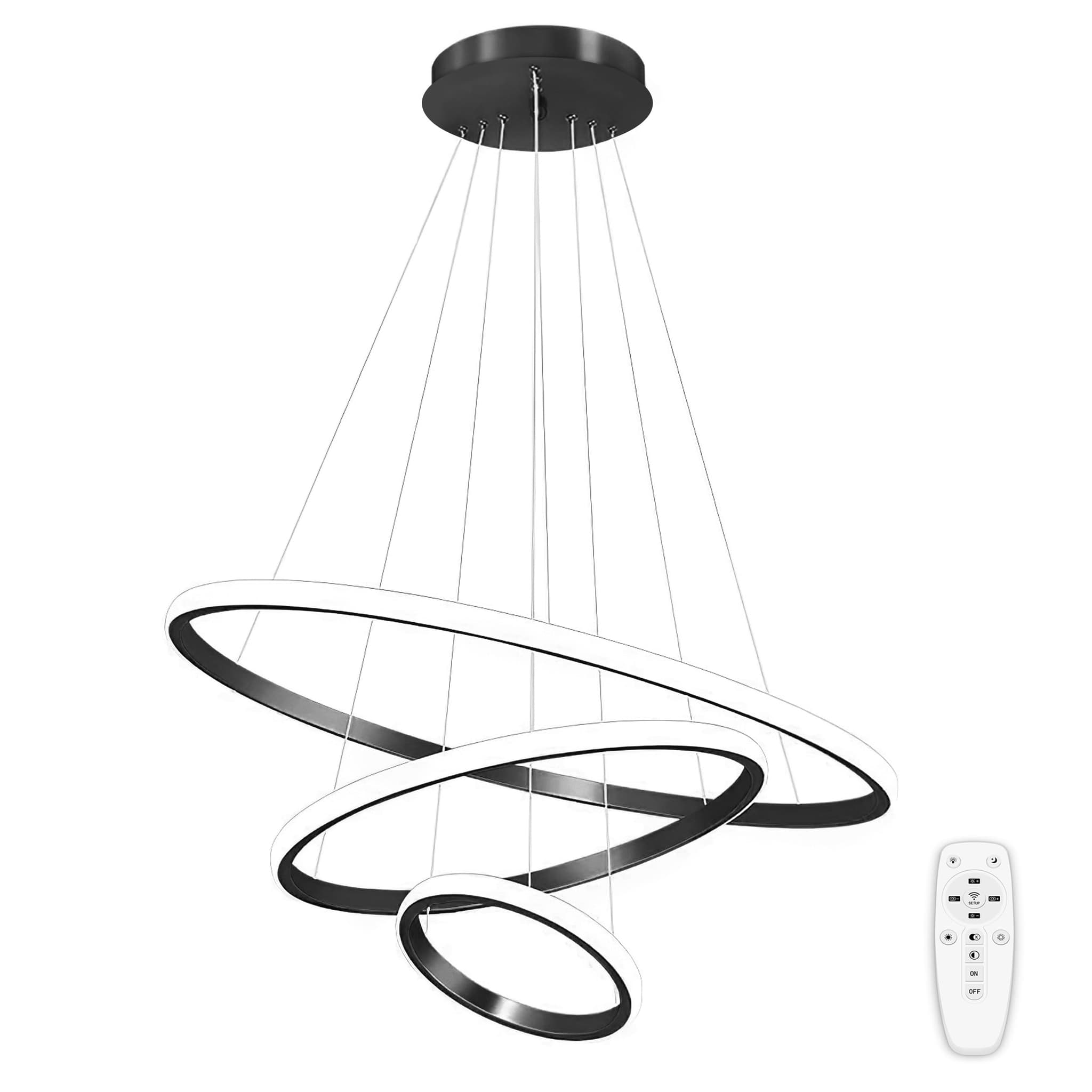 Luminária Pendente LED Moderna Preta De 3 Anéis, Luminária De Teto Regulável Por Controle Remoto, Luminária Pendente De Embutir Redonda, 3000-6000K