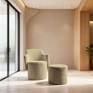 Poltrona Organica com puff Estofada Redonda Moderna Elegante Decorativa Confortável Tecido Boucle Minimalista Sala Espera Recepção Escritório MOBLAN decor (CAPPUCCINO)