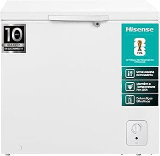 Freezer horizontal Hisense 198 litros branco com rótulos de garantia e FIFA