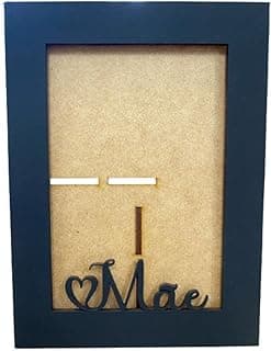 Porta retratos preto com texto 'I Mãe' e coração, ideal para lembrancinhas do Dia das Mães
