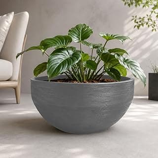 Vaso de polietileno cinza 60x30 com planta tropical em ambiente interno