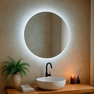Espelho redondo com LED acima de pia de banheiro com decoração