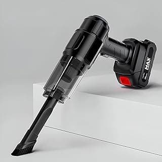 Aspirador portátil preto e transparente com botão vermelho e marca MAX, sobre fundo branco