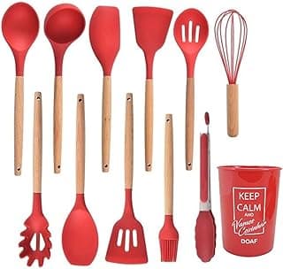 Jogo de utensílios de cozinha em silicone vermelho e inox com cabos de madeira
