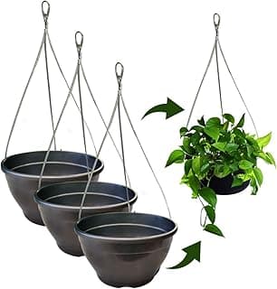 Kit com três vasos suspensos pretos para plantas pendentes e um cabo de aço