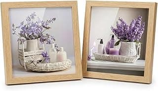 Kit 2 Quadros Decorativos para Banheiro e Lavabo - Vasos com Flores Lilás, Moldura em Madeira com Vidro (carvalho)