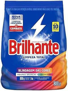 Pacote de sabão em pó Brilhante Limpeza Total, 800g, azul e amarelo com raio branco, NOVA FÓRMULA, COMBATE VÍRUS E BACTÉRIAS