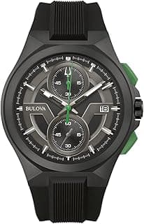 Relógio Bulova Maquina com mostrador preto e detalhes em verde, pulseira de borracha preta, fundo branco
