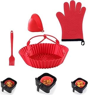 Kit 4 Formas de Silicone para Air Fryer Pequena com Assadeira Antiaderente Vermelha e Luvas
