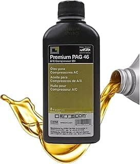 Óleo para compressor PAG 46 ERRECOM 237ml com contraste UV em garrafa preta derramando óleo amarelo