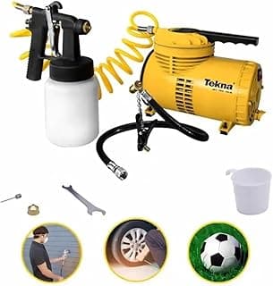 Compressor de ar Tekna com kit incluindo pistola, mangueira, tanque, ferramenta e exemplos de uso