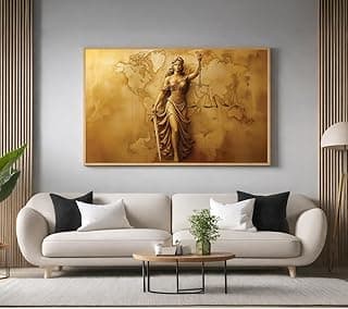 Quadro decorativo com moldura representando a justiça, pendurado acima de um sofá em uma sala de estar.