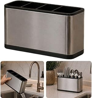 Escorredor de talheres em aço inoxidável com quatro divisórias para pia de cozinha, design moderno e sistema de drenagem de água.