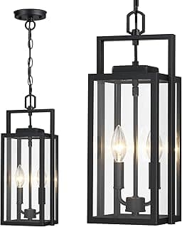 Luminária Pendente Externa 2 Luzes 17,75 Polegadas Metal Preto Vidro Transparente