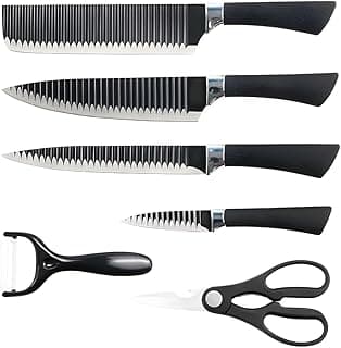 Conjunto de facas de cozinha 7 peças com cabo soft touch e estojo premium, facas com lâminas serrilhadas e cabos pretos