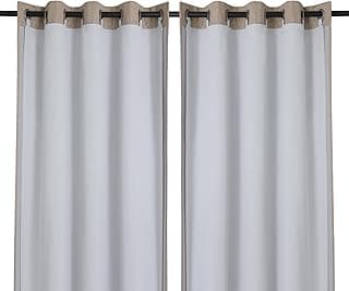 Cortinas blackout Chyhomenyc, 2 painéis, branco com borda bege, suspensas em suporte preto.